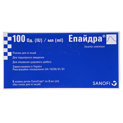 ЕПАЙДРА® розчин для ін’єкцій, 100 Од./мл; № 5: по 1 картриджу по 3 мл, вмонтованому в одноразовий пристрій - шприц-ручку СолоСтар® (без голок для ін’єкцій)